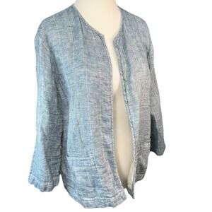 EILEEN FISHER Blazer Organic Linen Cotton Quilted Open‎ Front 3/4 Sleeve Blue M